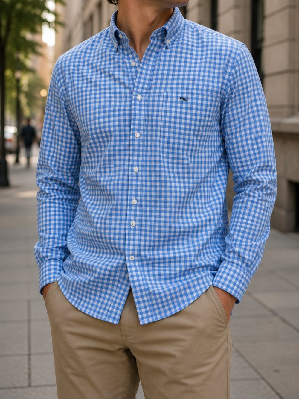 Vineyard Vines Men's Blue and White Plaid Shirt